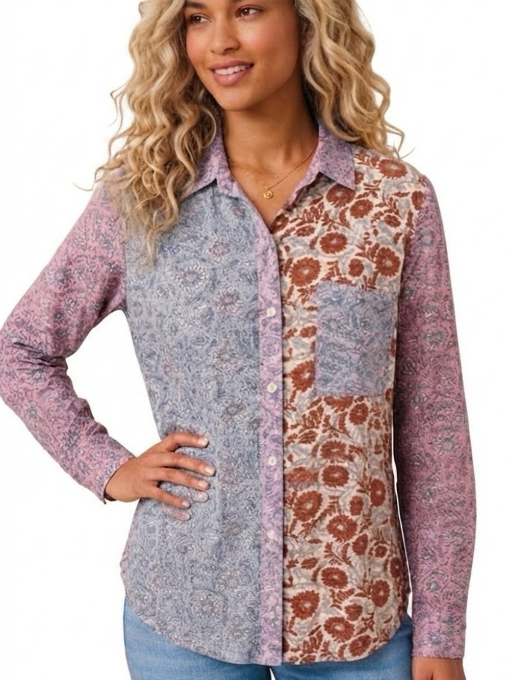 Patchwork Long sleeve Floral paisley bohemia Button-Up Shirt Multi color pattern
